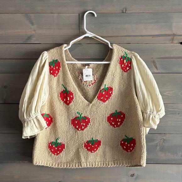 Free People Tops - FREE PEOPLE | NWT Strawberry Jam Embroidered Knit Crop Top XL Cottagecore Boho